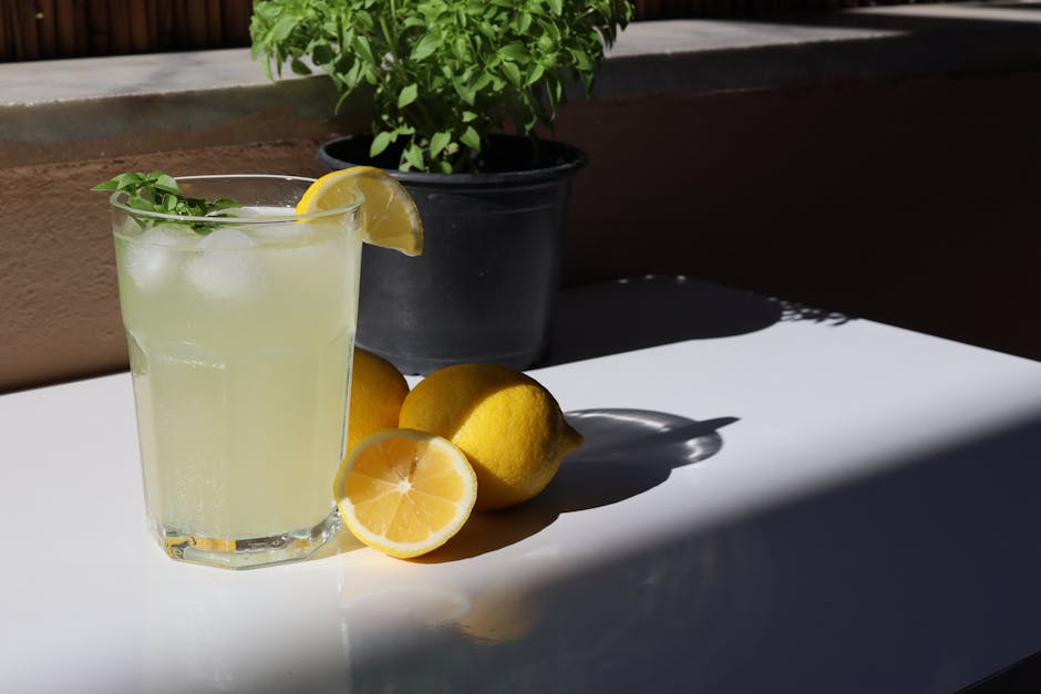 Glass of lemonade with fresh lemons and mint in sunlight, ideal for summer themes.