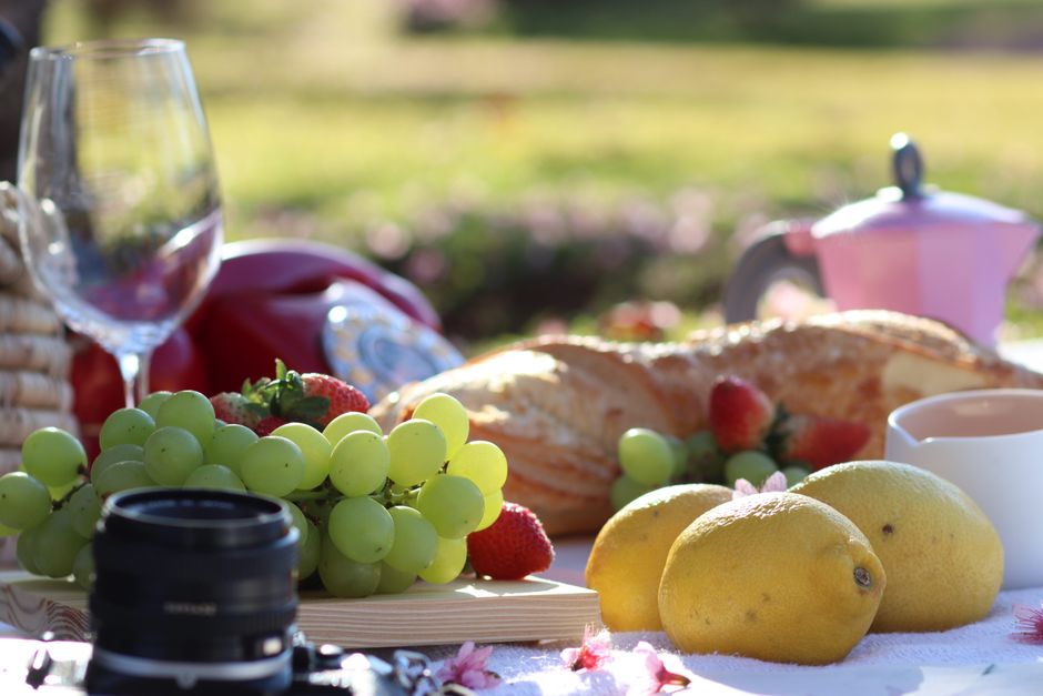 Colorful outdoor picnic featuring fresh fruits, bread, and wine with sunlit backdrop.